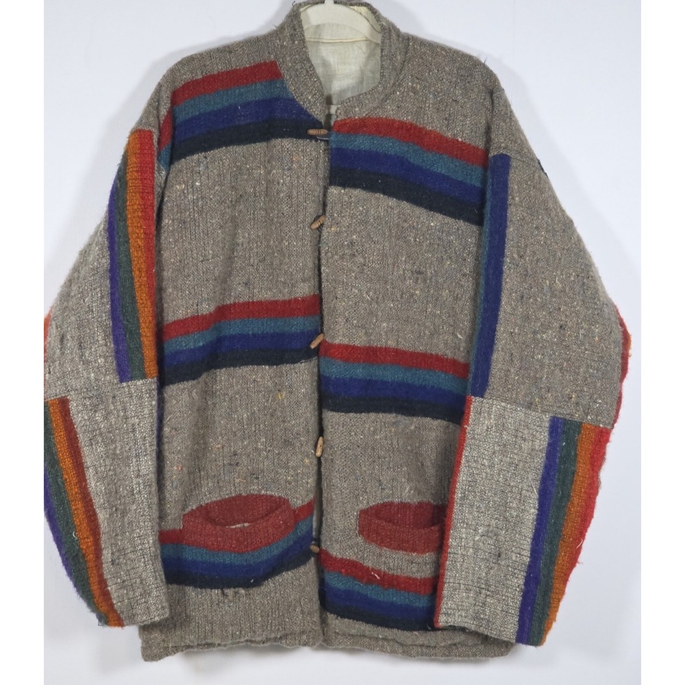 Vintage Wool-Feel Cardigan XL Tan Rainbow Stripe Wood Buttons Grandpa READ